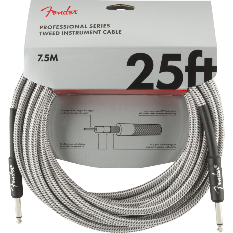 FENDER INSTRUMENT PRO 25' WHITE TWEED 7,5 m KABEL