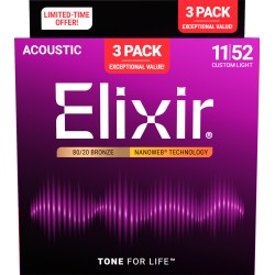 ELIXIR GITARA AKUSTIČNA 11-52 NANOWEB 3 PACK ŽICE