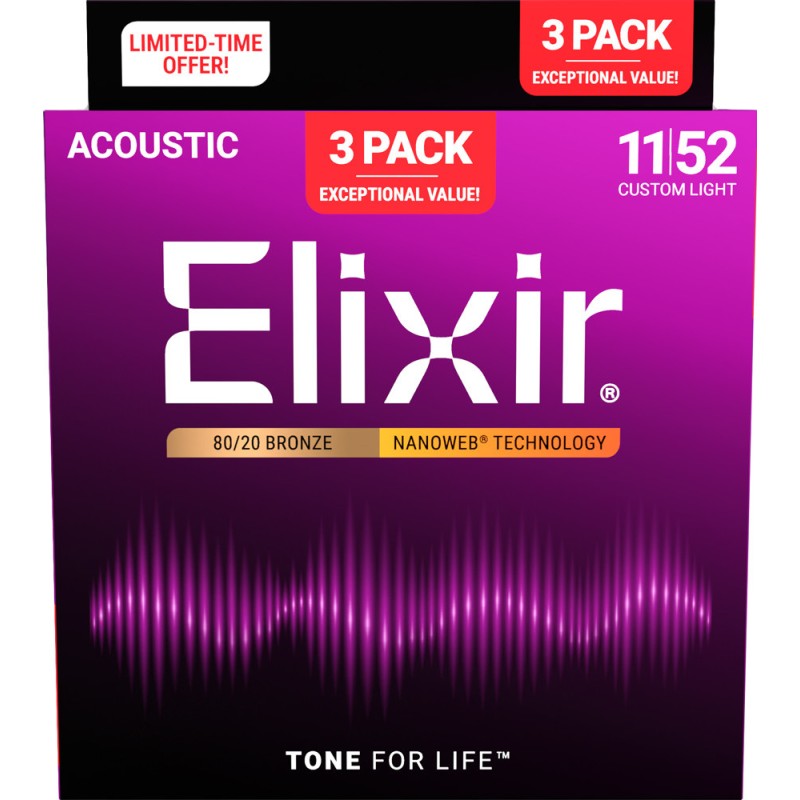 ELIXIR GITARA AKUSTIČNA 11-52 NANOWEB 3 PACK ŽICE
